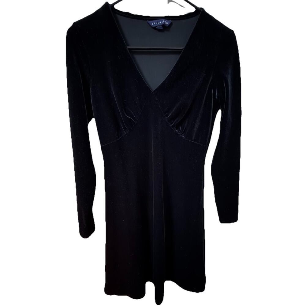 LANDS’ END Women’s Midi Velvet Black Dress V-Neck Romantic Holiday Size 2-4